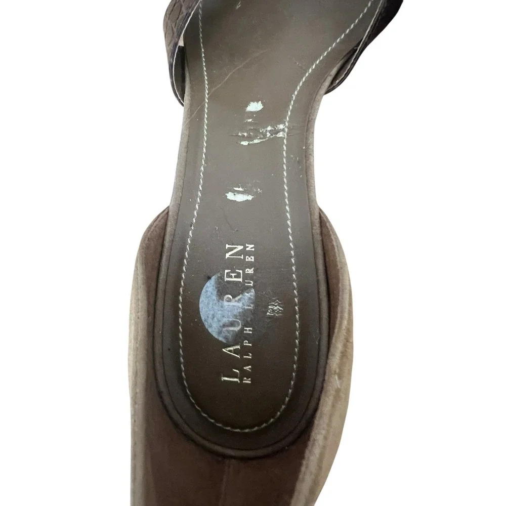 Ralph Lauren Althea Brown Suede Brown Croc Leather Kitten Heels Women's 10B Shoe